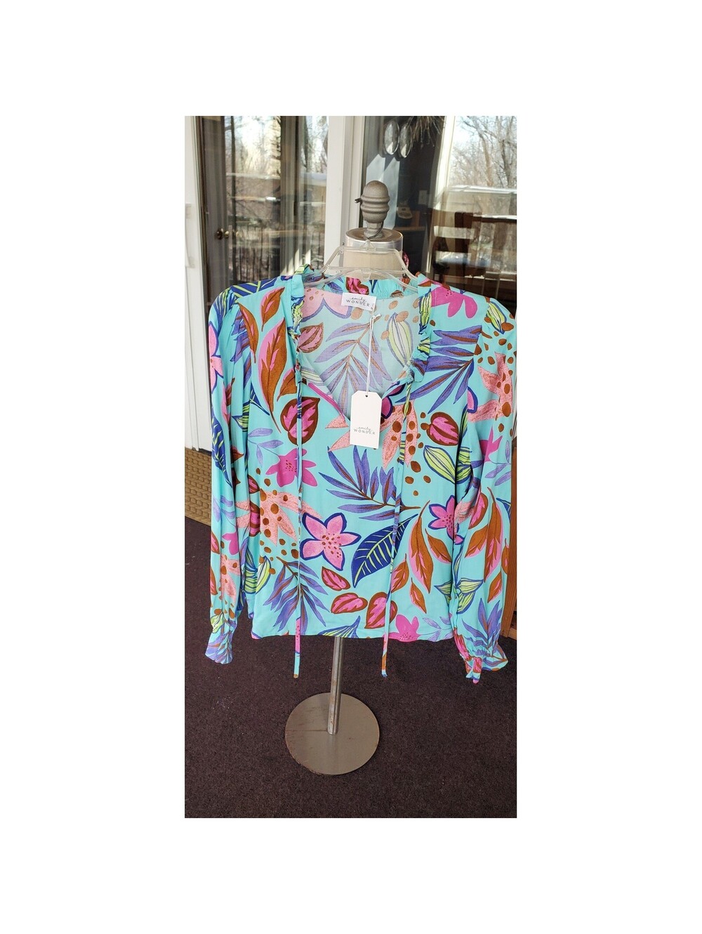 Emily Wonder Womens Turquoise Floral Print Tie Neck Blouse Shirt Top Size S